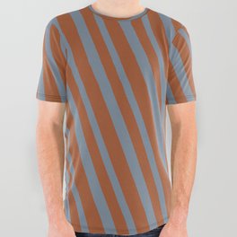 [ Thumbnail: Sienna and Light Slate Gray Colored Striped/Lined Pattern All Over Graphic Tee ]