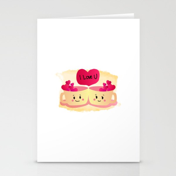 Cute cartoon couple cup and heart Stationery Cards