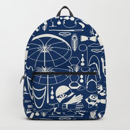 White Old-Fashioned 1920s Vintage Pattern on Navy Blue Backpack