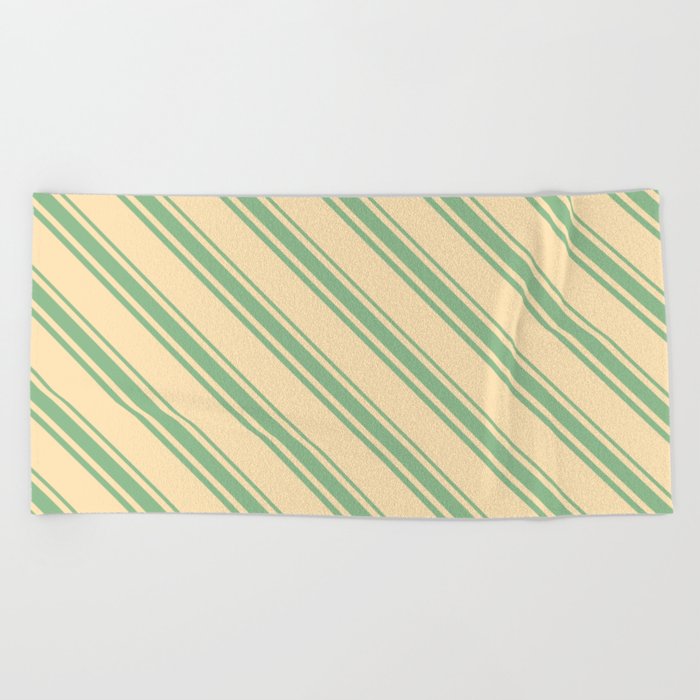 Beige and Dark Sea Green Colored Lines Pattern Beach Towel