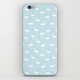 White flamingo silhouettes seamless pattern on baby blue background iPhone Skin