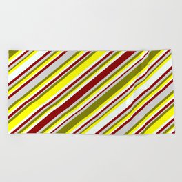 [ Thumbnail: Eyecatching Green, Yellow, Mint Cream, Dark Red, and Light Gray Colored Lined Pattern Beach Towel ]