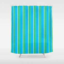 [ Thumbnail: Deep Sky Blue, Lime Green, and Powder Blue Colored Striped Pattern Shower Curtain ]