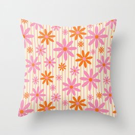  Retro 70s Groovy Daisy Pattern with Stripes, Hot Orange and Pink Throw Pillow