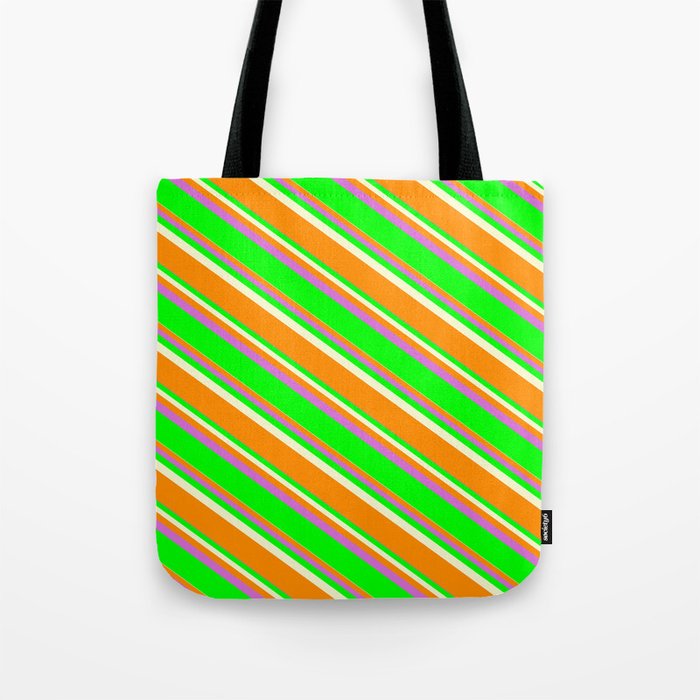 Light Yellow, Dark Orange, Orchid, and Lime Colored Lined Pattern Tote Bag
