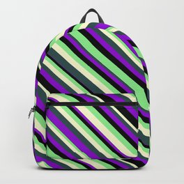 [ Thumbnail: Light Green, Light Yellow, Dark Slate Gray, Dark Violet, and Black Colored Lines/Stripes Pattern Backpack ]