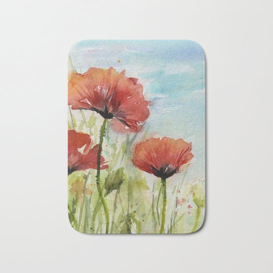 Red Flowers Watercolor Landscape Poppies Poppy Field Bath Mat