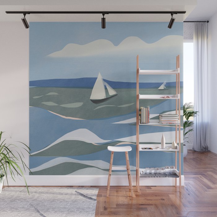 White sail in wavy sea Wall Mural