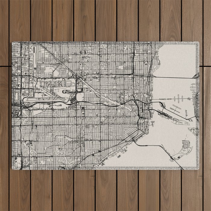 USA, Miami - City Map - Black and White Aesthetic Outdoor Rug
