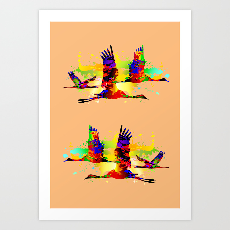 Colorful Flying Birds Abstract Pop Art Painting Cranes Graphic