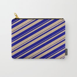 [ Thumbnail: Tan & Dark Blue Colored Stripes/Lines Pattern Carry-All Pouch ]