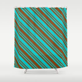 [ Thumbnail: Dark Turquoise & Brown Colored Lines/Stripes Pattern Shower Curtain ]