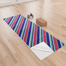 [ Thumbnail: Aquamarine, Blue, Light Slate Gray & Crimson Colored Lines/Stripes Pattern Yoga Towel ]