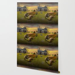 Abandoned Pickup Truck and Farm House at Sunset in a Rural Landscape Wallpaper