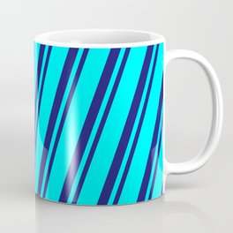 [ Thumbnail: Cyan & Midnight Blue Colored Striped/Lined Pattern Coffee Mug ]