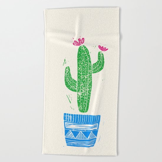 Linocut Cactus #2 in a pot Beach Towel