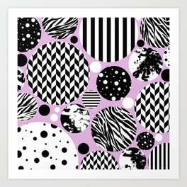 Eclectic Black And White Circles On Pastel Pink Art Print | Pastelpink, Zebra, Animalskin, Stripes, Circles, Geometry, Pastel, Bubbles, Painting, Black And White 