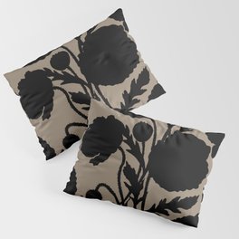 Black Ink Poppy Flowers Silhouettes On Soft Dusty Beige Brown Pillow Sham