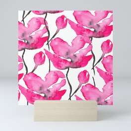 Modern neon pink floral watercolor black pattern Mini Art Print
