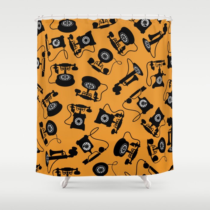 Black Vintage Rotary Dial Telephone Pattern on Orange Shower Curtain