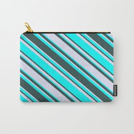 [ Thumbnail: Cyan, Dark Slate Gray & Lavender Colored Striped Pattern Carry-All Pouch ]