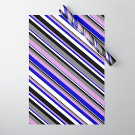 [ Thumbnail: Colorful Grey, Plum, Blue, White, and Black Colored Lined Pattern Wrapping Paper ]