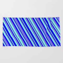 [ Thumbnail: Blue, Medium Slate Blue & Aquamarine Colored Pattern of Stripes Beach Towel ]