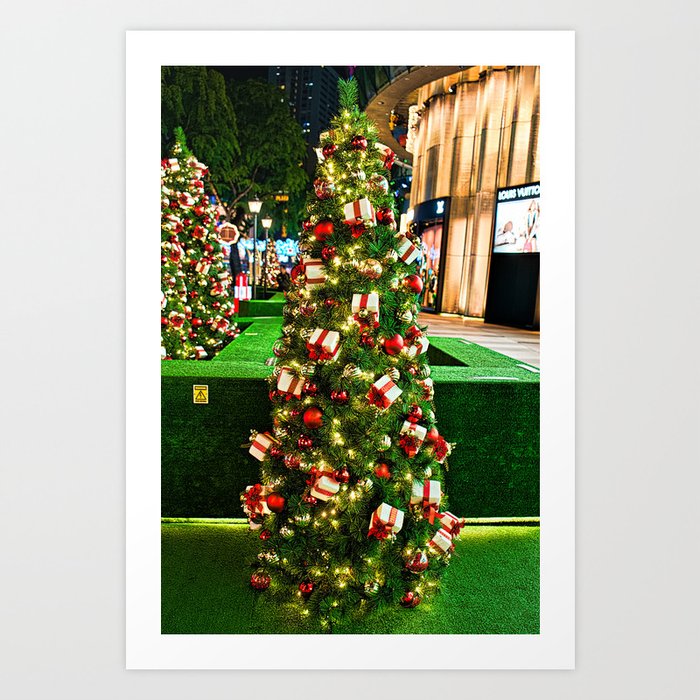 Green Christmas Tree With Gold Box & Red Ribbon Ornaments Art Print by  WorldShuttleExplorer