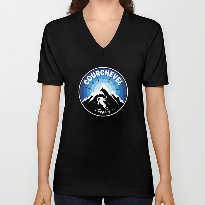 Skiing In Courchevel France Blue V Neck T Shirt