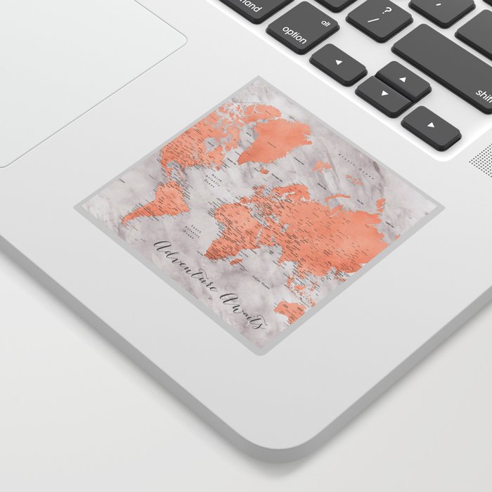 Adventure awaits world map in rose gold and marble, "Janine" Sticker