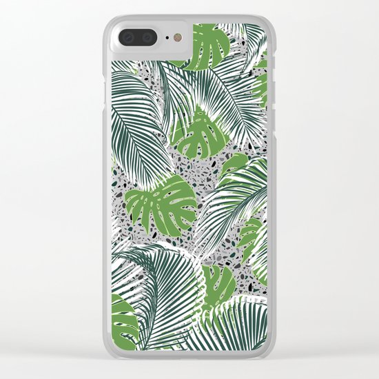 Green tropical leaves on terrazzo pattern Clear iPhone Case