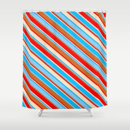 [ Thumbnail: Vibrant Deep Sky Blue, Light Sky Blue, Chocolate, Red & Bisque Colored Striped/Lined Pattern Shower Curtain ]