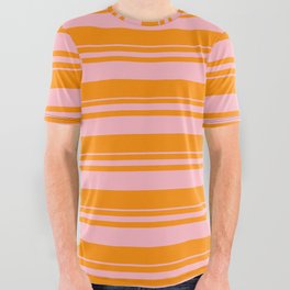 [ Thumbnail: Light Pink & Dark Orange Colored Stripes Pattern All Over Graphic Tee ]