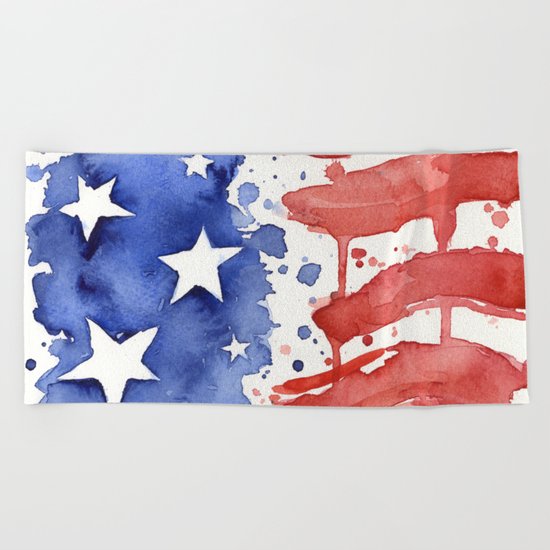American Flag Watercolor Abstract Stars and Stripes Beach Towel