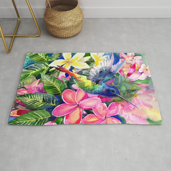 Hummingbird and Plumeria Florwers Tropical bright colored foliage floral Hawaiian Flowers Rug