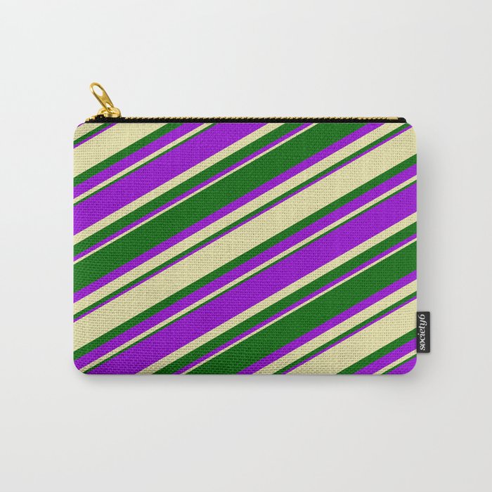 Pale Goldenrod, Dark Green & Dark Violet Colored Lined Pattern Carry-All Pouch
