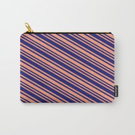 [ Thumbnail: Light Salmon & Midnight Blue Colored Stripes/Lines Pattern Carry-All Pouch ]