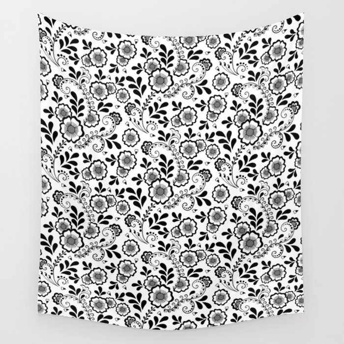 Black Eastern Floral Pattern  Wall Tapestry