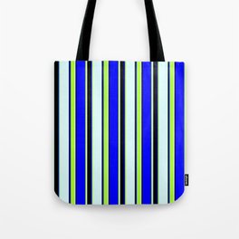 [ Thumbnail: Blue, Light Green, Light Cyan & Black Colored Striped/Lined Pattern Tote Bag ]