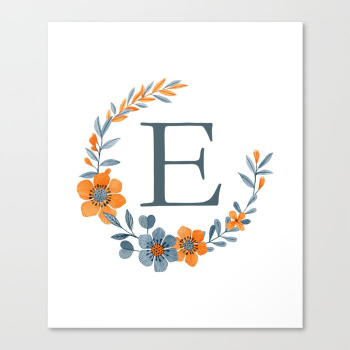 Monogram E Orange Autumn Floral Wreath Canvas Print