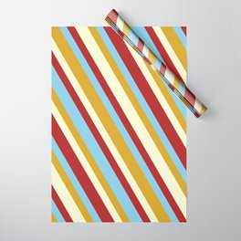 [ Thumbnail: Red, Sky Blue, Goldenrod, and Light Yellow Colored Lined Pattern Wrapping Paper ]