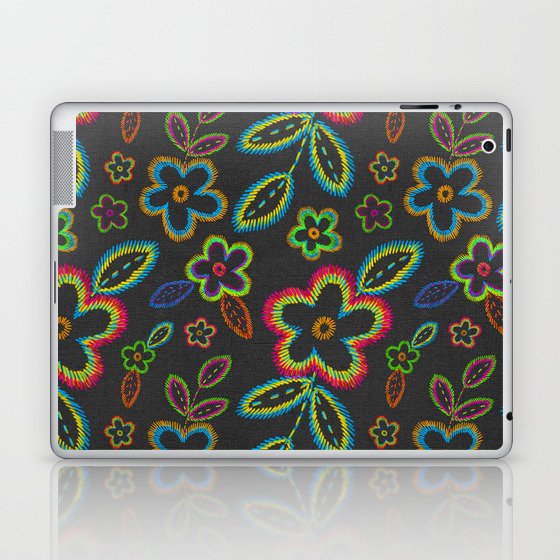 Embroidery imitation floral pattern on dark canvas Laptop & iPad Skin