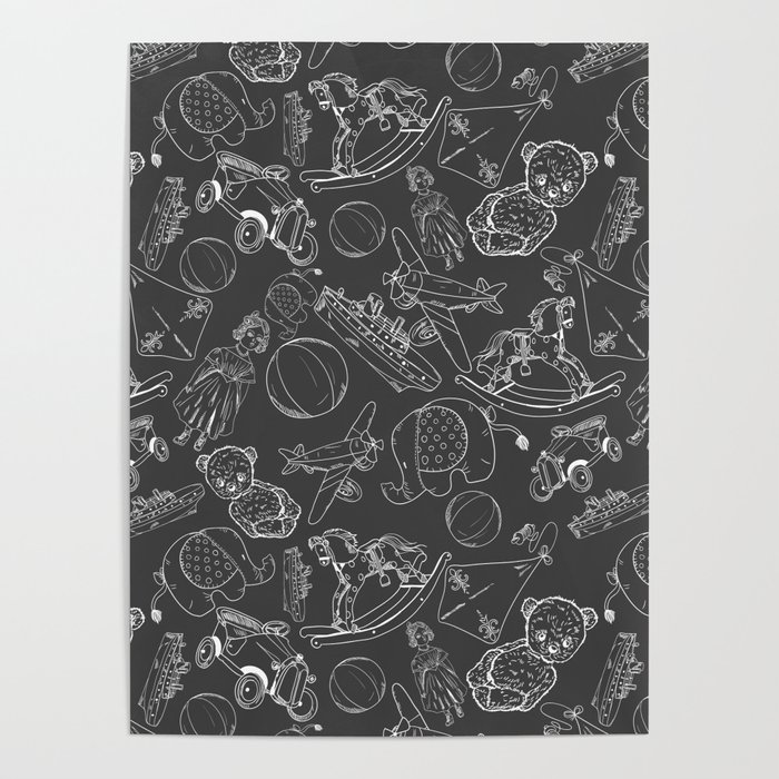 Dark Grey and White Toys Outline Pattern Poster