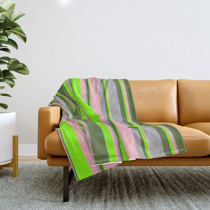 Light Pink, Dark Grey, Dark Olive Green, and Chartreuse Colored Lines/Stripes Pattern Throw Blanket