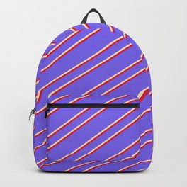 [ Thumbnail: Medium Slate Blue, Beige, and Crimson Colored Stripes Pattern Backpack ]