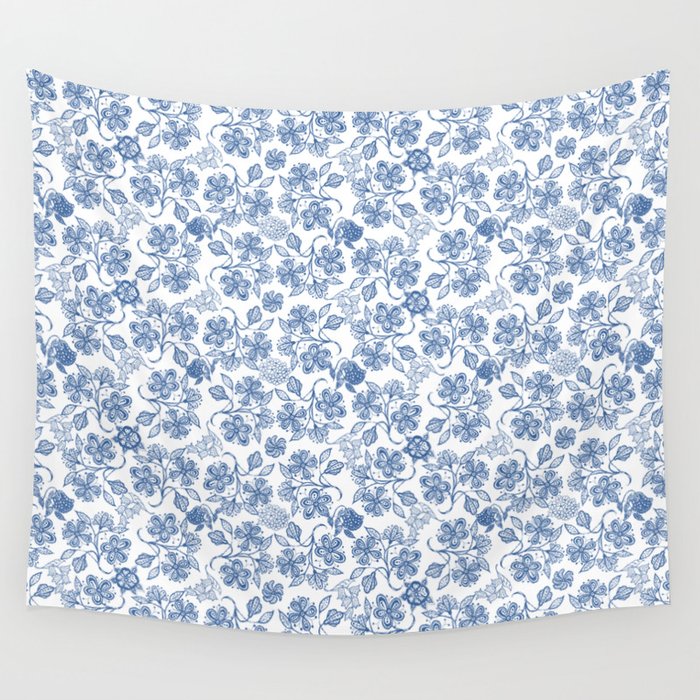 Pretty Indigo Blue and White Ethnic Floral Print Wall Tapestry