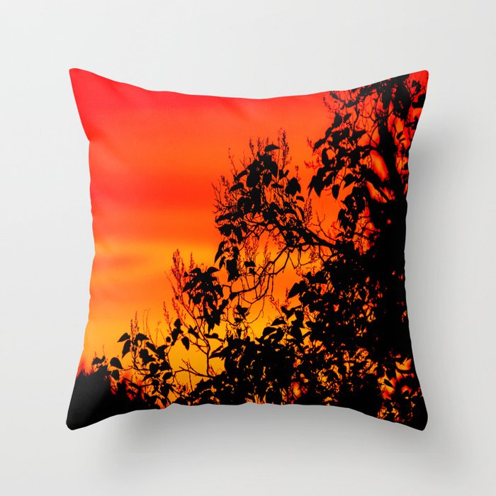 Silhouette of leaf with red autumn sky #decor #society6 #buyart Throw Pillow
