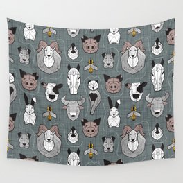 Friendly Geometric Farm Animals // green grey linen texture background black and white brown grey and yellow pigs queen bees lambs cows bulls dogs cats horses chickens and bunnies Wall Tapestry