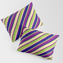 [ Thumbnail: Green, Tan, Purple & Blue Colored Lined Pattern Pillow Sham ]
