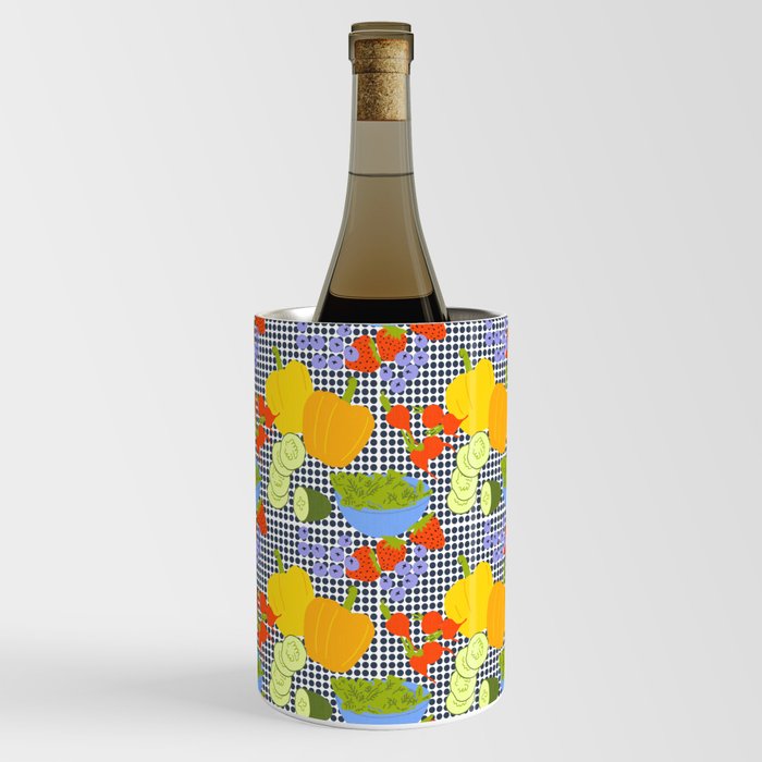 Retro Kitchen Fruits And Vegetables Navy Blue Dots Wine Chiller